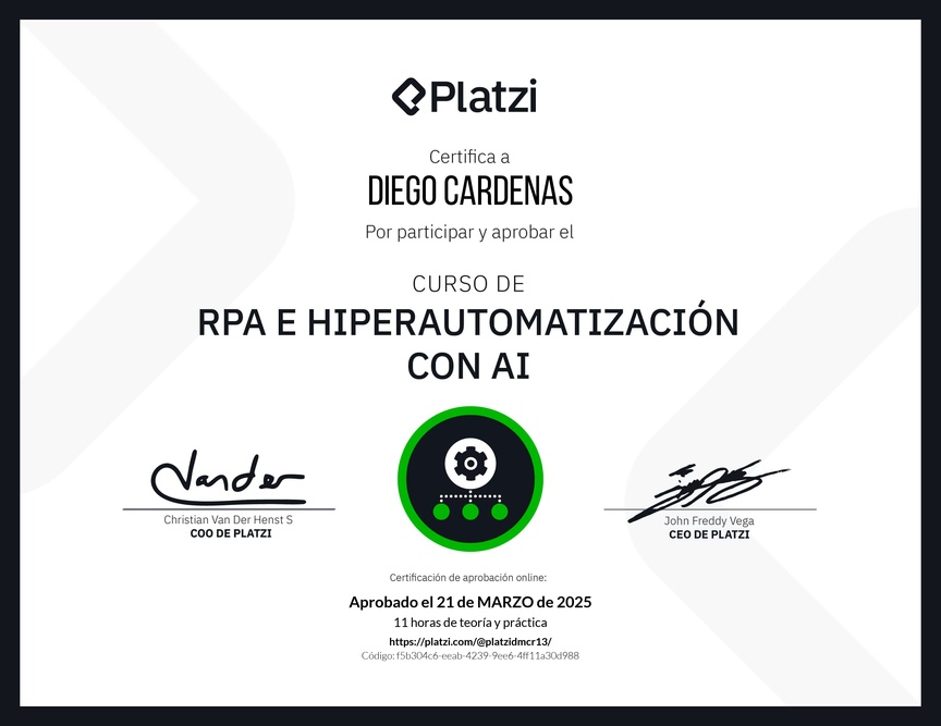 Diploma del Curso de RPA e Hiperautomatización con AI