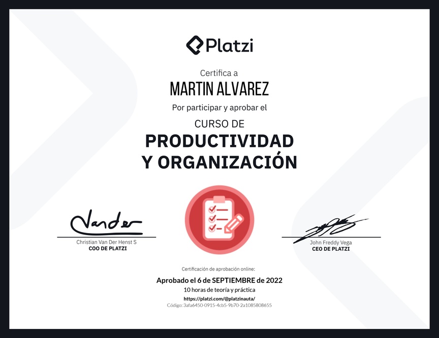 Diploma del Curso de Productividad y Organización