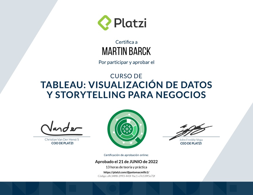 Diploma del Curso de Tableau: Visualización de Datos y Storytelling para Negocios
