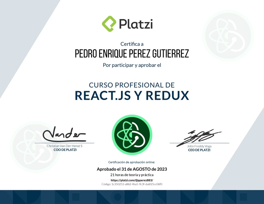 Diploma del Curso Profesional de React.js y Redux
