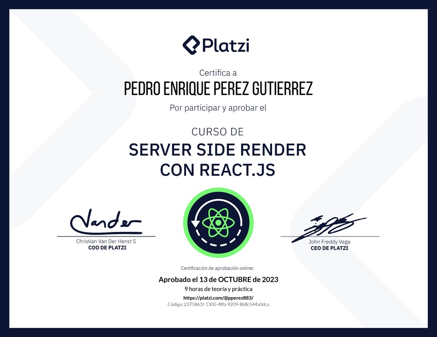 Diploma del Curso de Server Side Render o SSR con React.js
