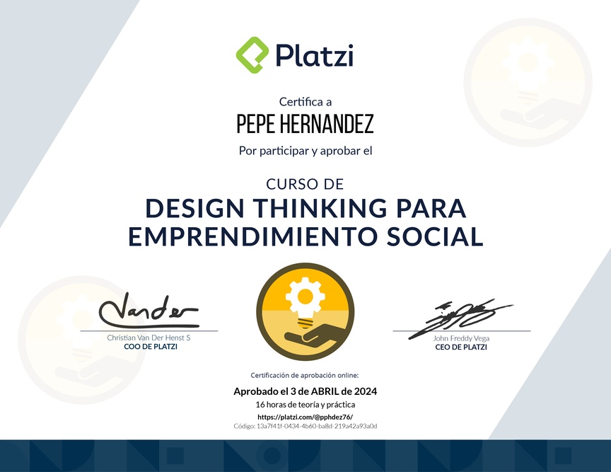 Diploma del Curso de Innovación para Empredimiento Social Usando Design Thinking y MVPs