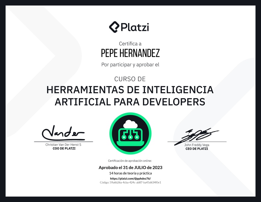 Diploma del Curso de Herramientas de Inteligencia Artificial para Developers (2023)
