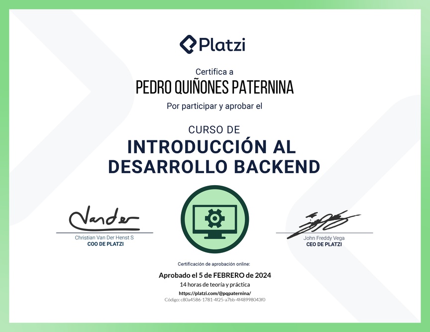 Diploma del Curso de Introducción al Desarrollo Backend