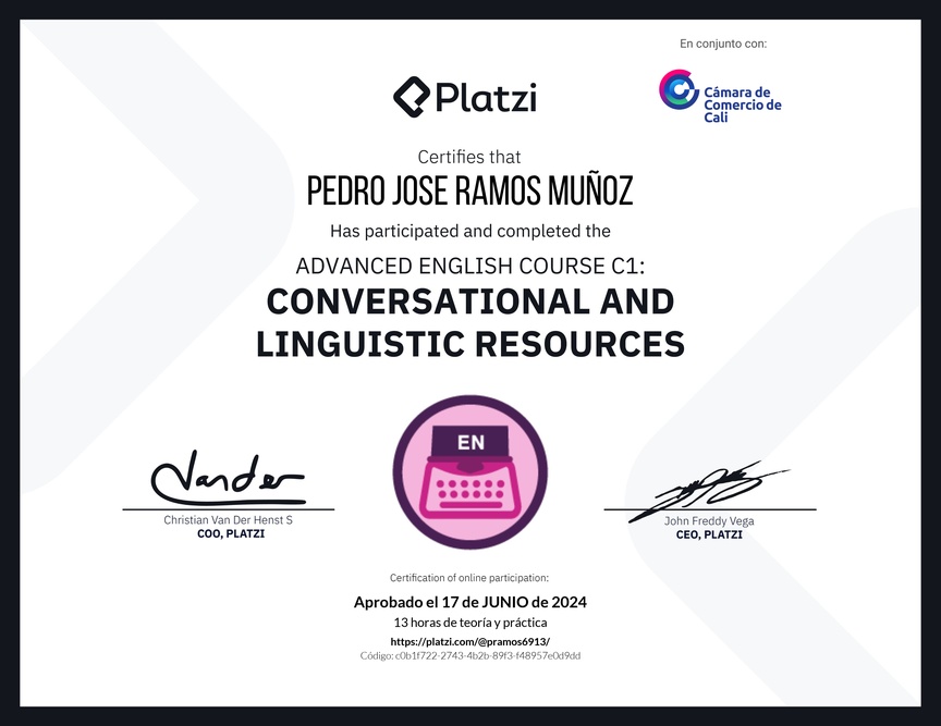 Diploma del Curso de Inglés Avanzado C1: Recursos Conversacionales y Lingüísticos