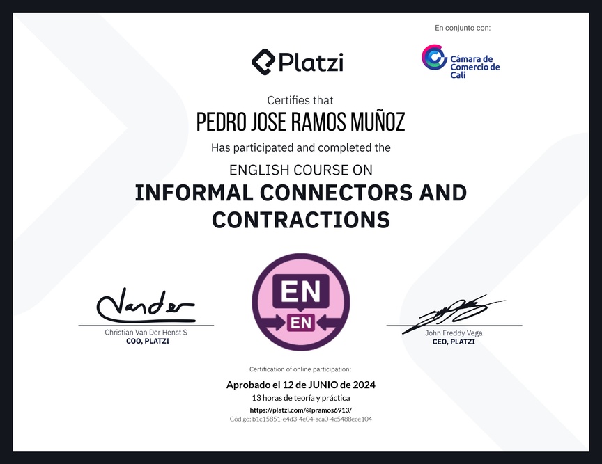Diploma del Curso de Conectores y Contracciones Informales en Inglés