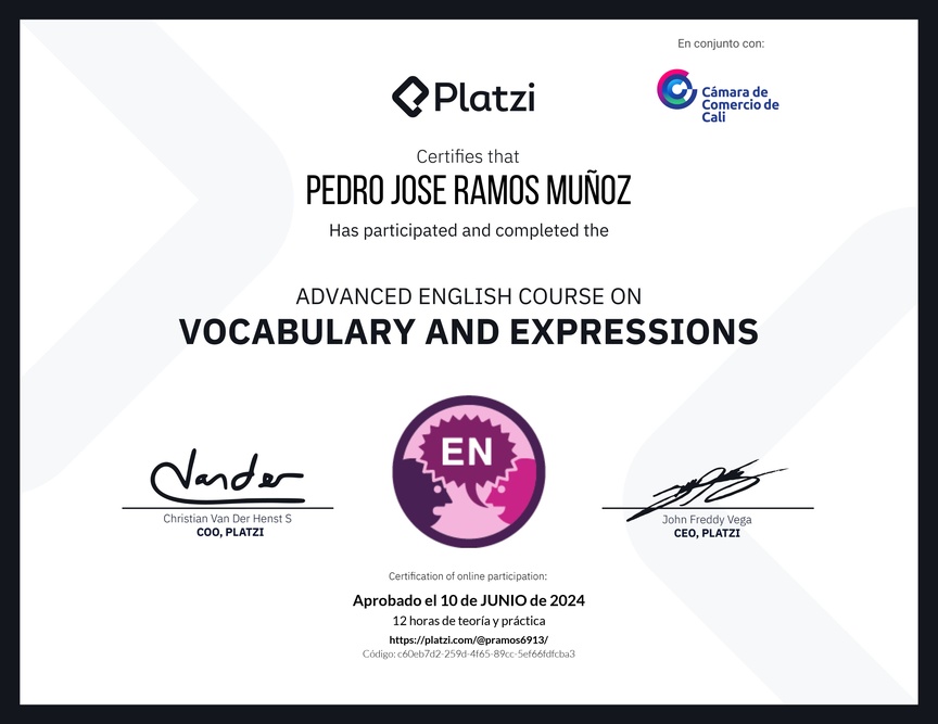 Diploma del Curso Avanzado de Vocabulario y Expresiones en Inglés