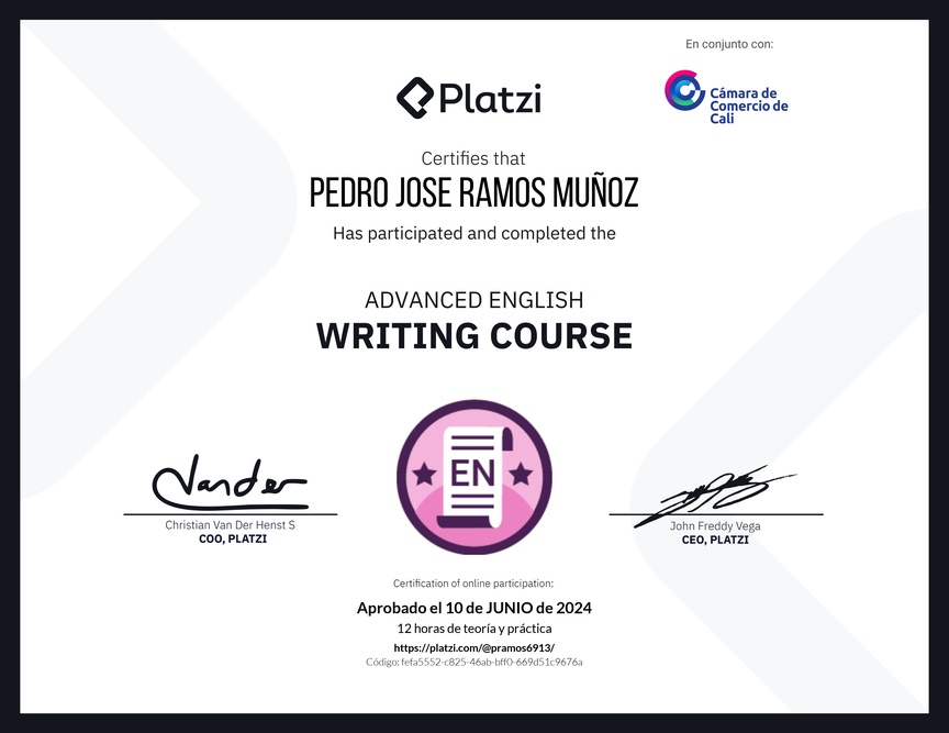 Diploma del Curso Avanzado de Escritura en Inglés