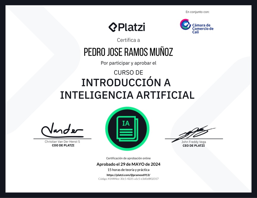 Diploma del Curso de Introducción a Inteligencia Artificial (2023)