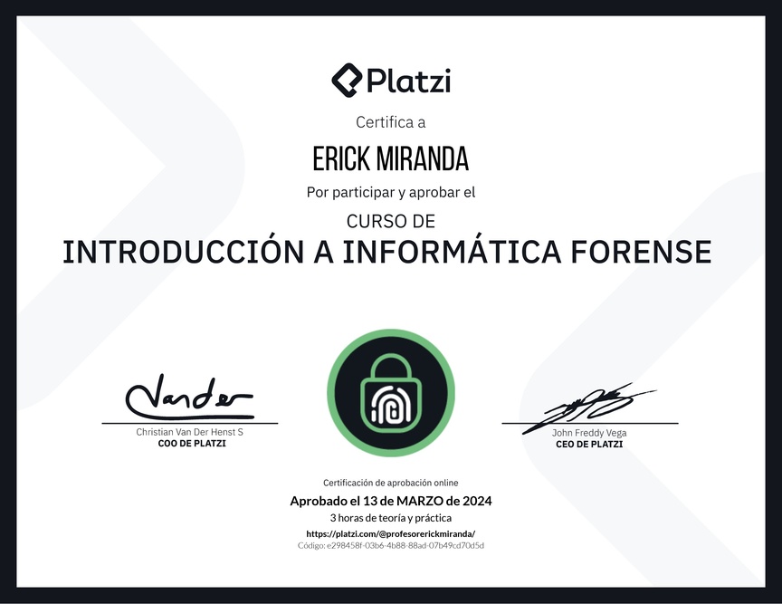Diploma del Curso de Introducción a Informática Forense