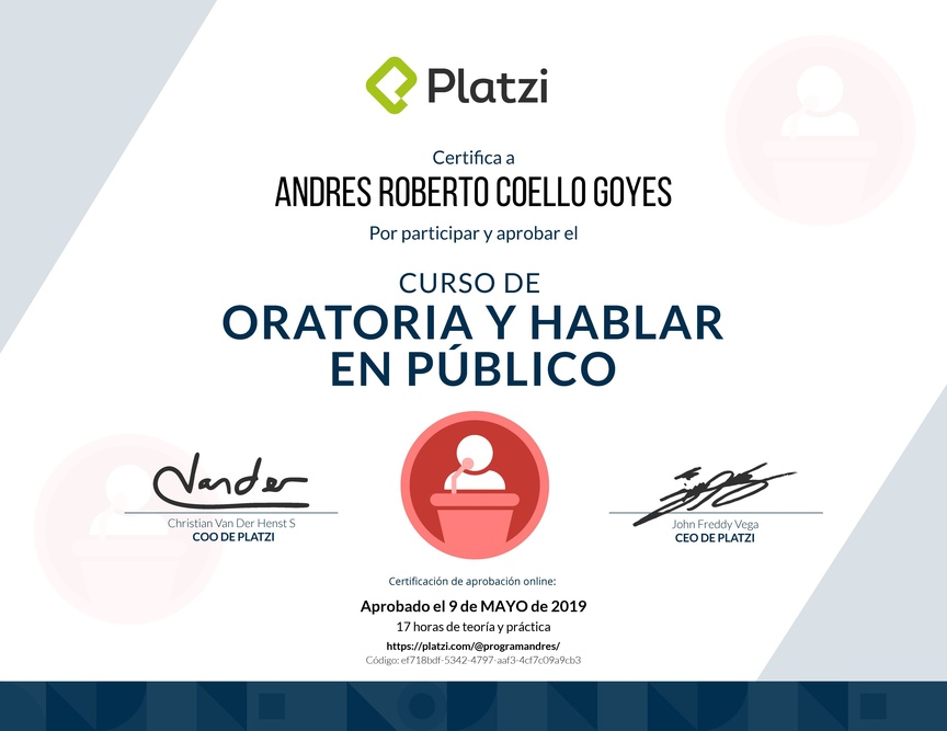 Diploma del Curso de Oratoria para Hablar en Público