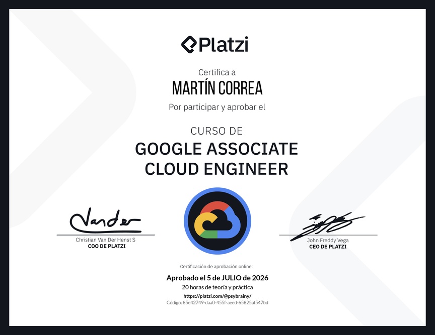 Diploma del Curso de Google Associate Cloud Engineer Certification
