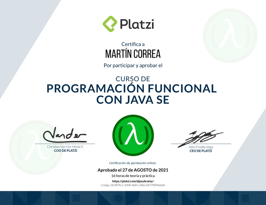 Diploma del Curso de Programación Funcional con Java SE