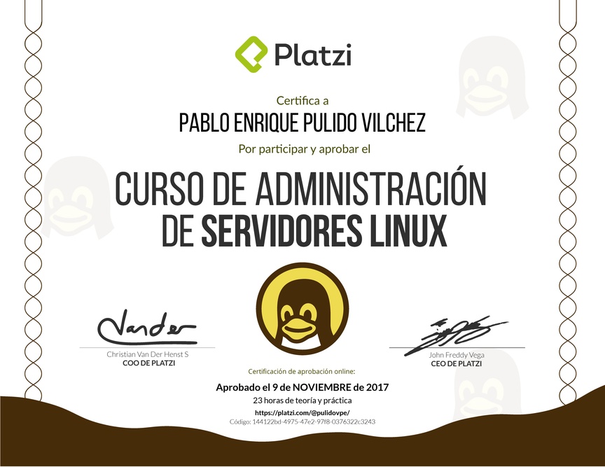 Diploma del Curso de Administración de Servidores Linux 2017
