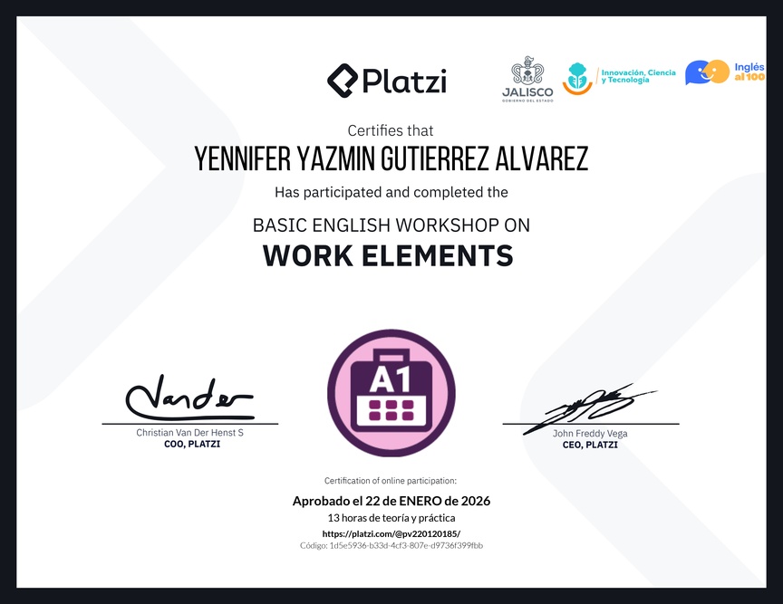 Diploma del Curso de Inglés Práctico sobre Elementos de Trabajo