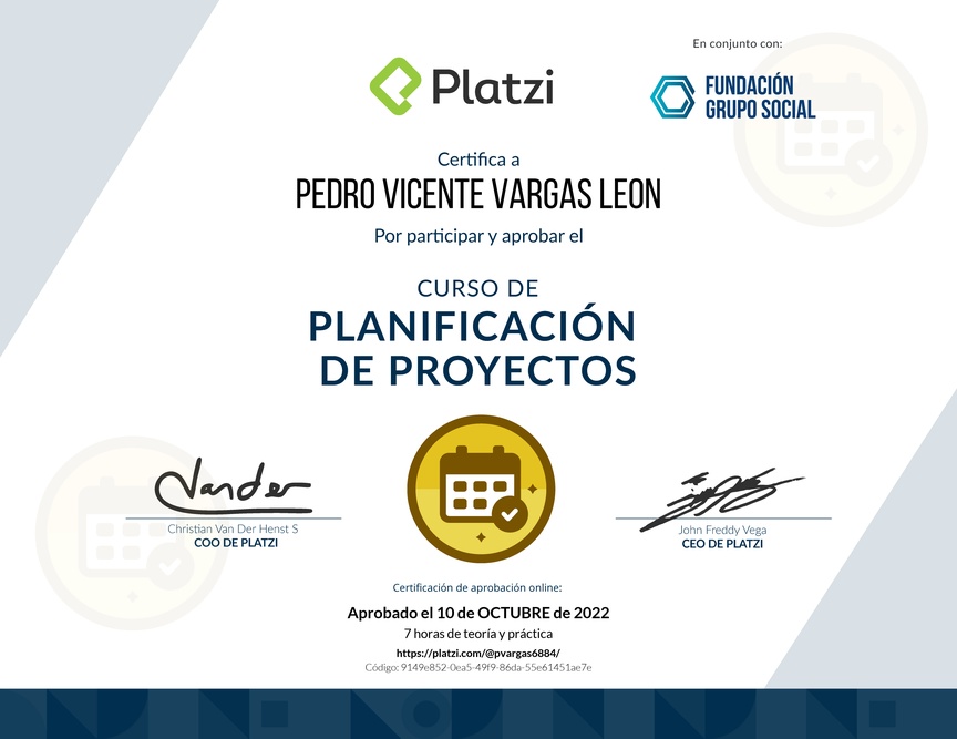 Diploma del Curso de Gestión para Planificar, Definir e Identificar Riesgos de un Proyecto