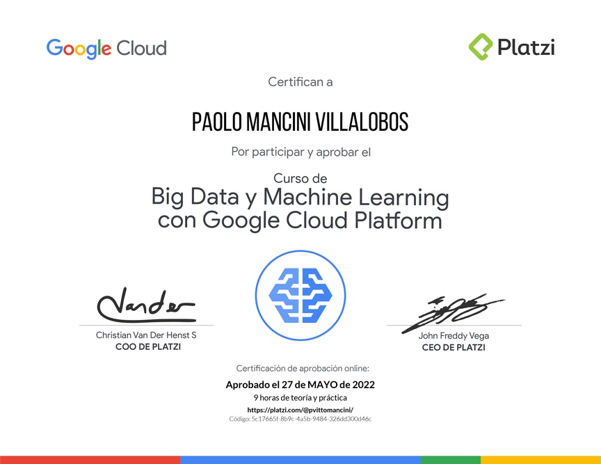Diploma del Curso de Big Data y Machine Learning con Google Cloud Platform
