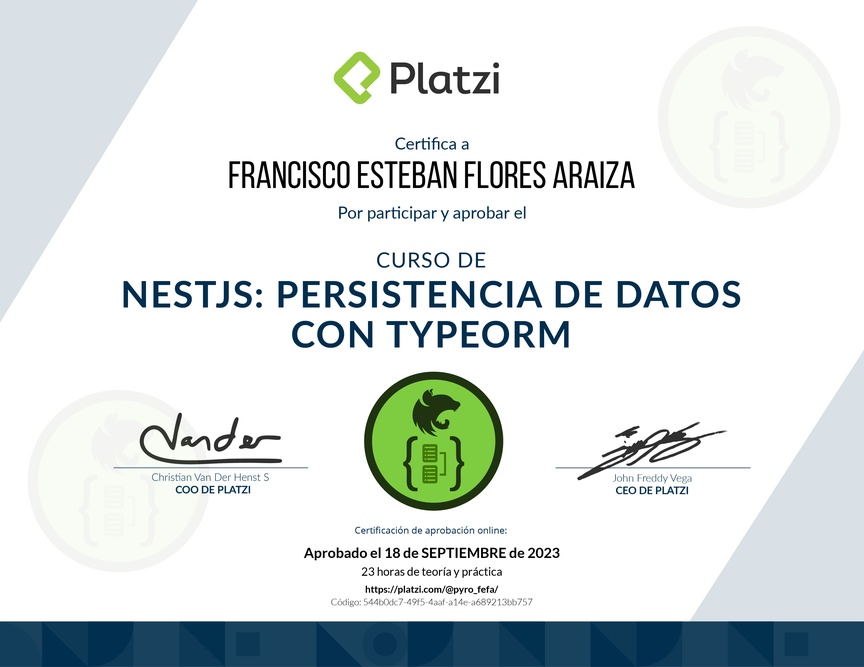 Diploma del Curso de NestJS: Persistencia de Datos con TypeORM