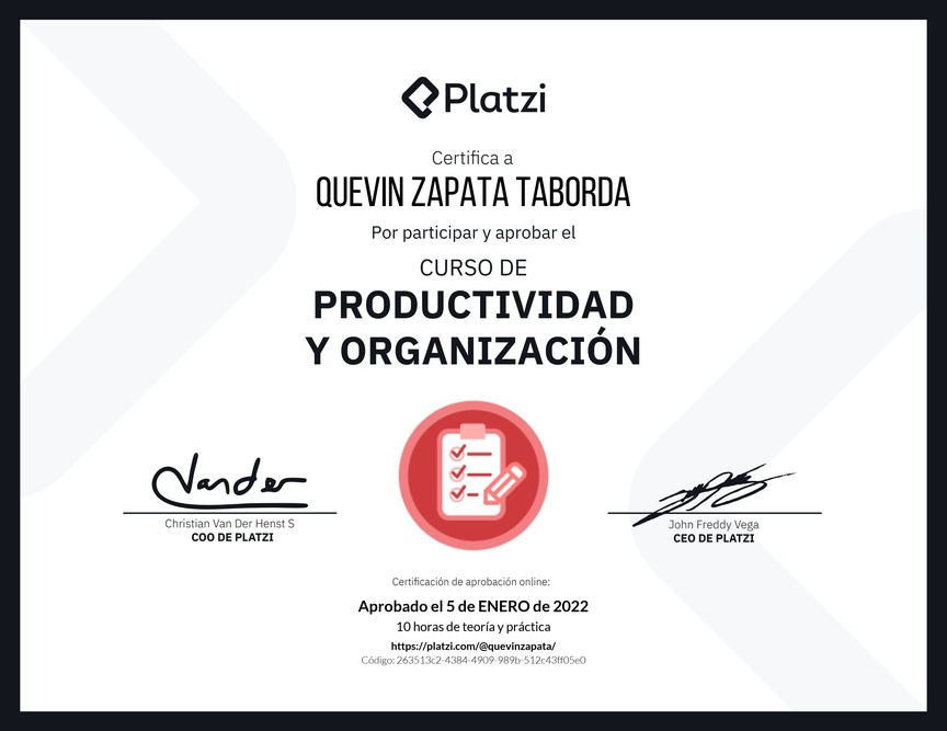 Diploma del Curso de Productividad y Organización
