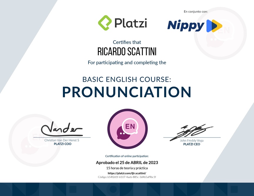 Diploma del Curso de pronunciación básica en Inglés 2020