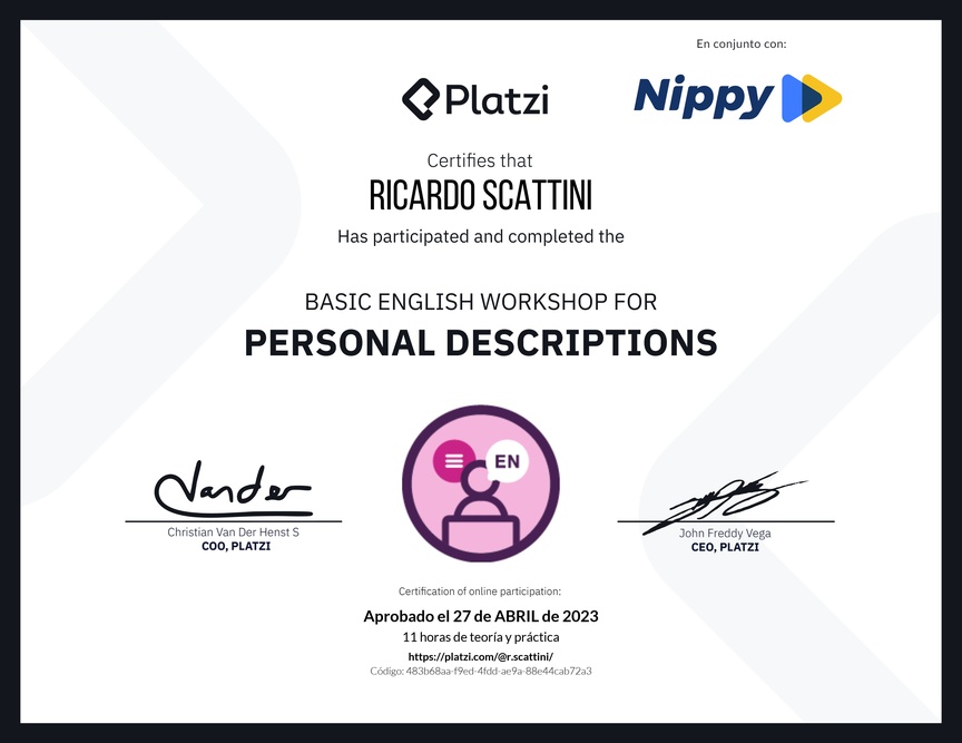 Diploma del Curso de Inglés Práctico para Descripciones Personales (2020=
