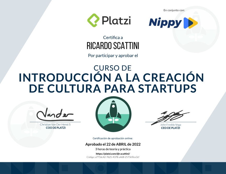 Diploma del Curso de Introducción a la Creación de Cultura para Startups