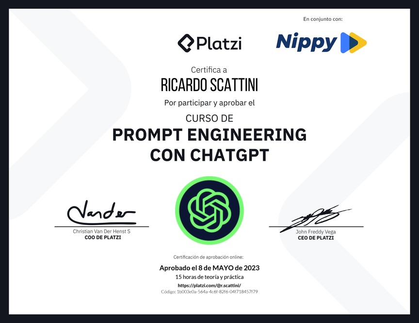 Diploma del Curso de Prompt Engineering con ChatGPT