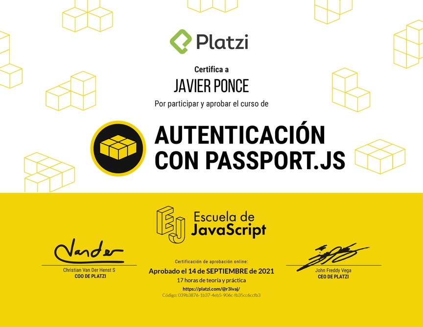 Diploma del Curso de Autenticación con Passport.js 2019