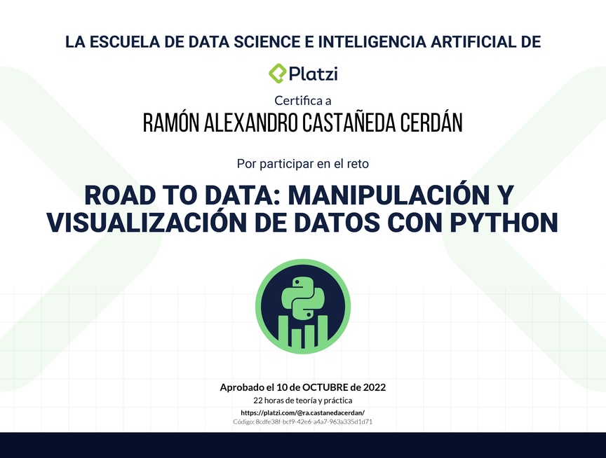 Diploma de Diploma del #PlatziReto - Road to Data: Manipulación y Visualización de Datos con Python