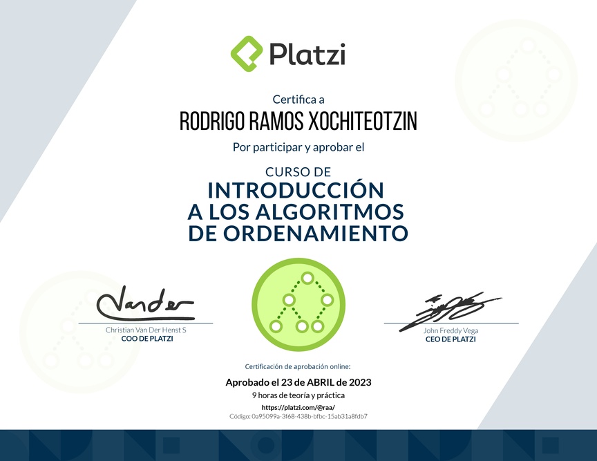 Diploma del Curso de Introducción a los Algoritmos de Ordenamiento