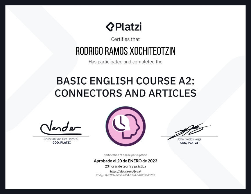 Diploma del Curso de Inglés Básico A2: Conectores y Artículos
