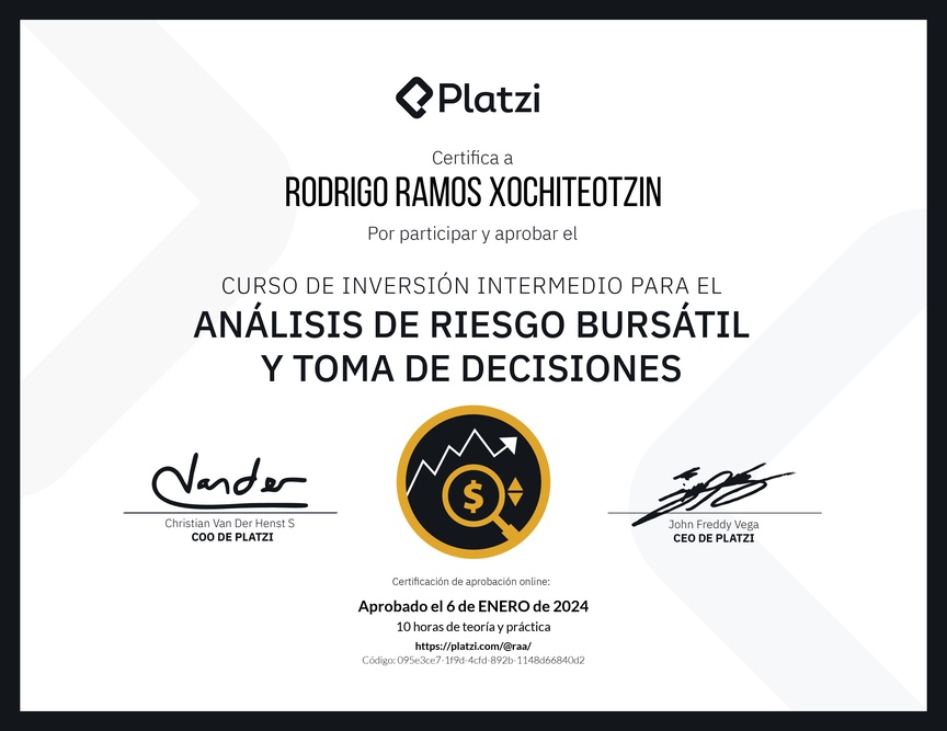 Diploma del Curso de Inversión Intermedio para el Análisis de Riesgo Bursátil y Toma de Decisiones