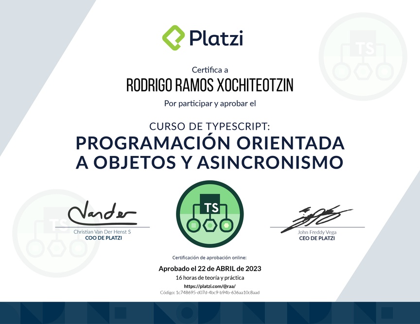 Diploma del Curso de TypeScript: Programación Orientada a Objetos y Asincronismo