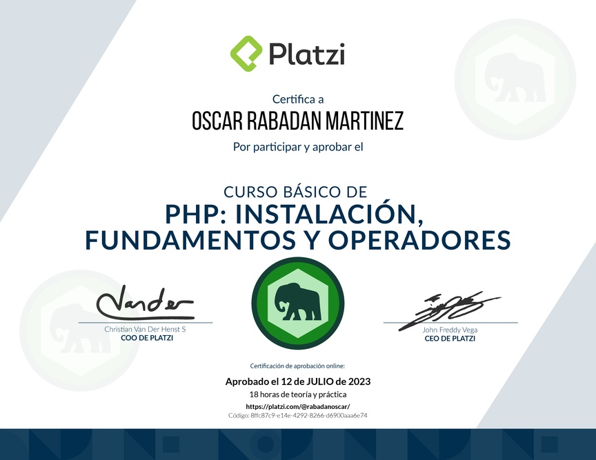 Diploma del Curso Básico de PHP: Instalación, Fundamentos y Operadores