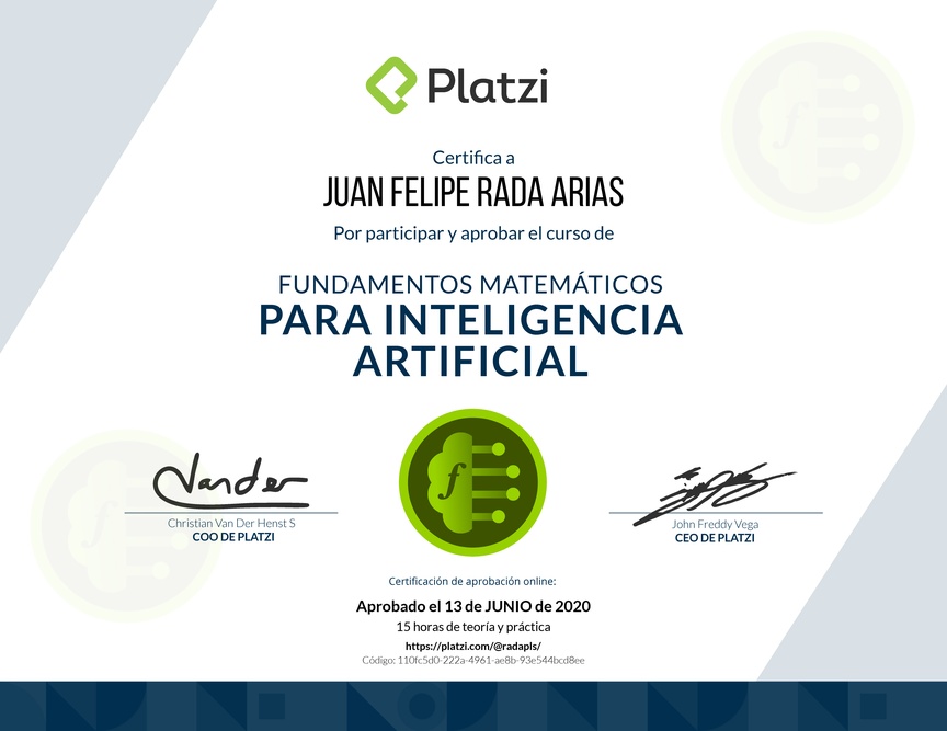 Diploma del Curso de Fundamentos Matemáticos para Inteligencia Artificial 2019
