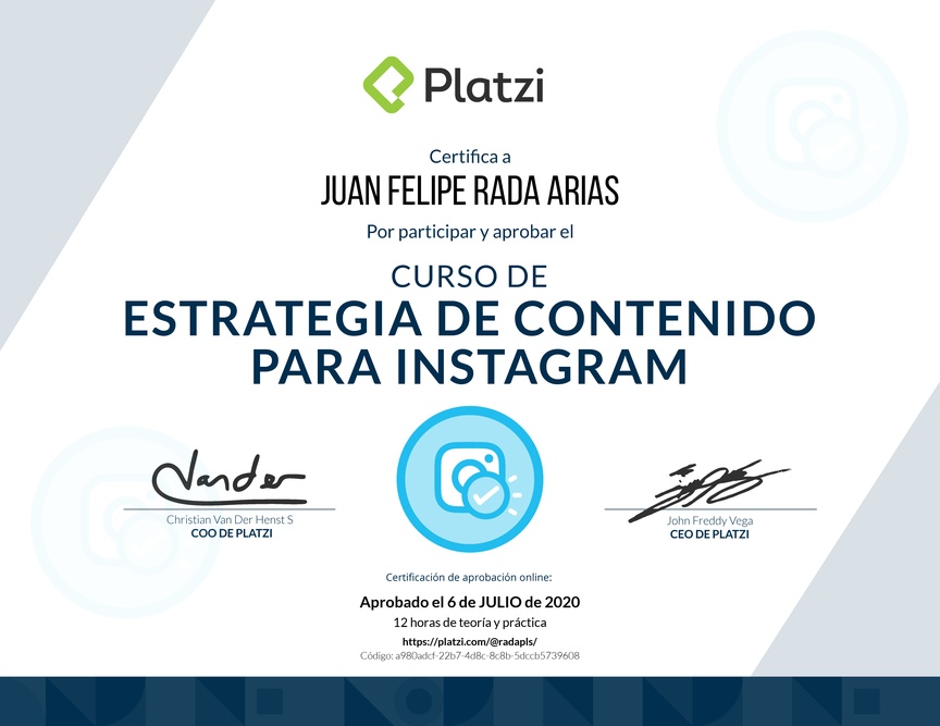 Diploma del Curso de Estrategia de Contenido para Instagram