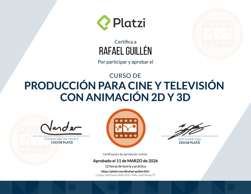 Diploma del Curso de Producción para Cine y Televisión con Animación 2D y 3D