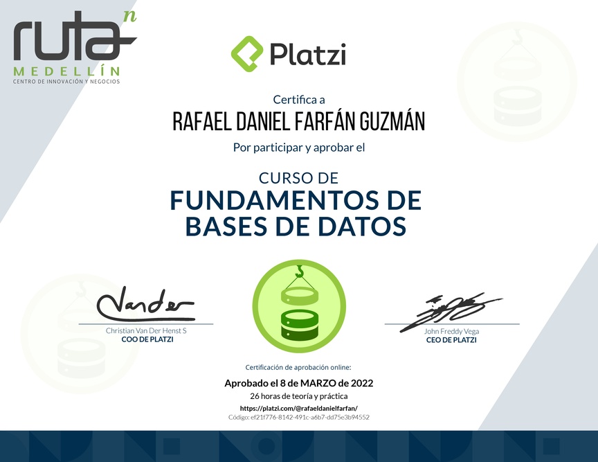 Diploma del Curso de Fundamentos de Bases de Datos 2019
