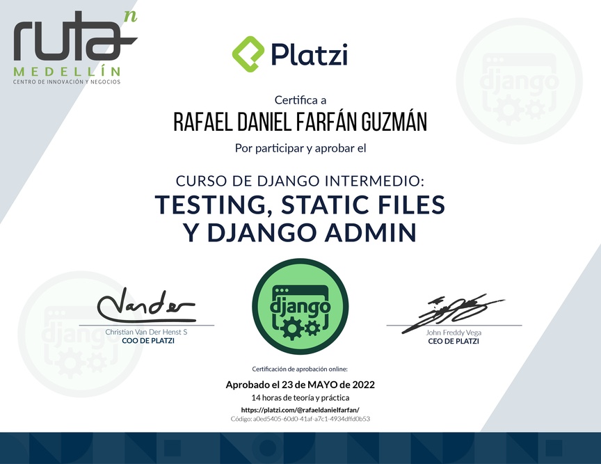 Diploma del Curso de Django Intermedio: Testing, Static Files, Django Admin