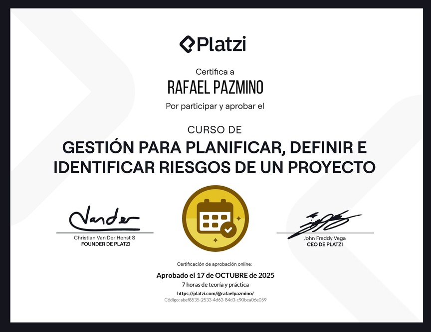 Diploma del Curso de Gestión para Planificar, Definir e Identificar Riesgos de un Proyecto