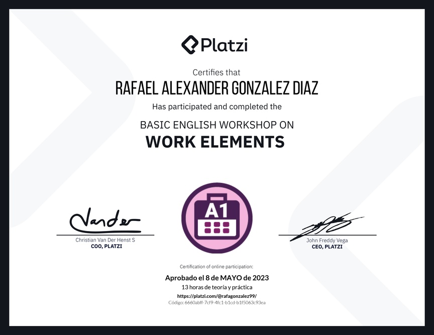 Diploma del Curso de Inglés Práctico sobre Elementos de Trabajo