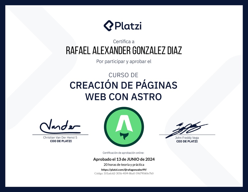 Diploma del Curso de Creación de Páginas Web con Astro