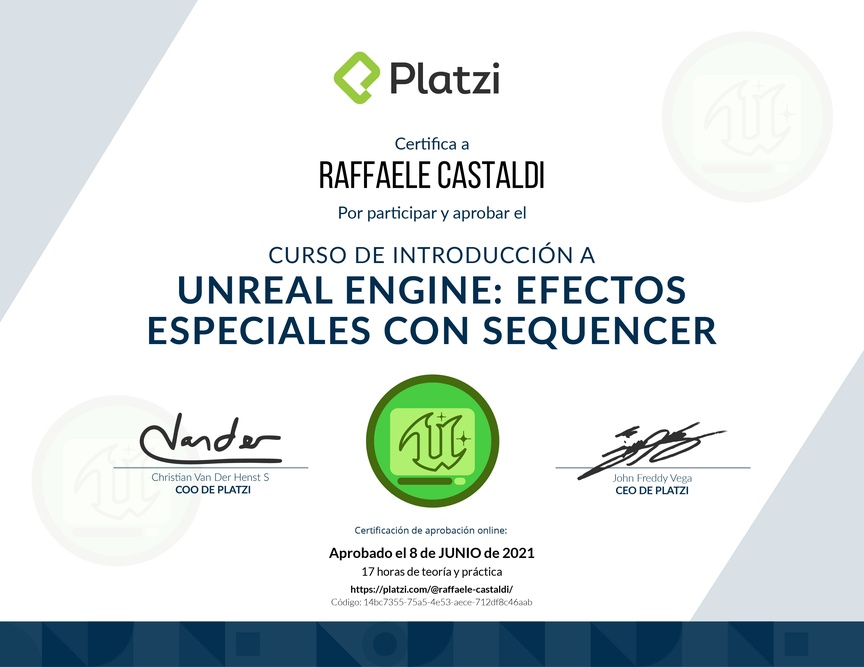 Diploma del Curso de Introducción a Unreal Engine: Efectos Especiales con Sequencer