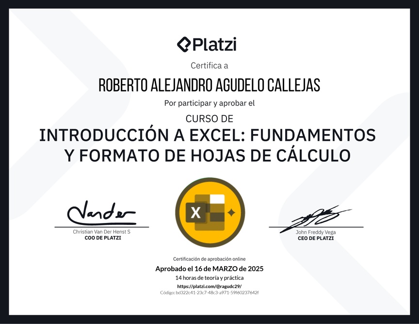 Diploma del Curso de Introducción a Excel para Principiantes: Fundamentos y Formato de Hojas de Cálculo