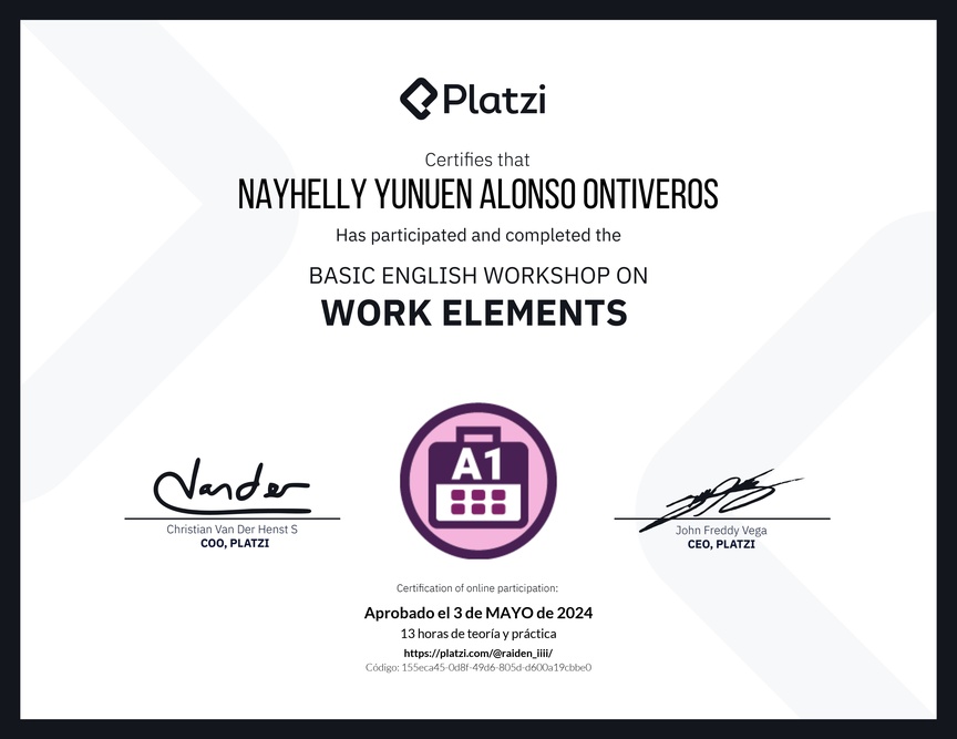 Diploma del Curso de Inglés Práctico sobre Elementos de Trabajo