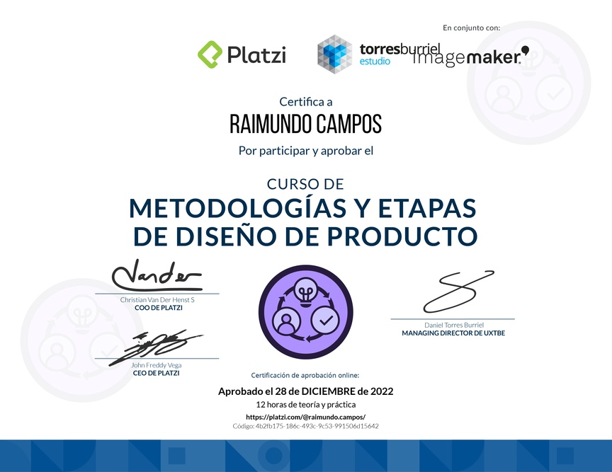 Diploma del Curso de Metodologías de Diseño de Productos Digitales