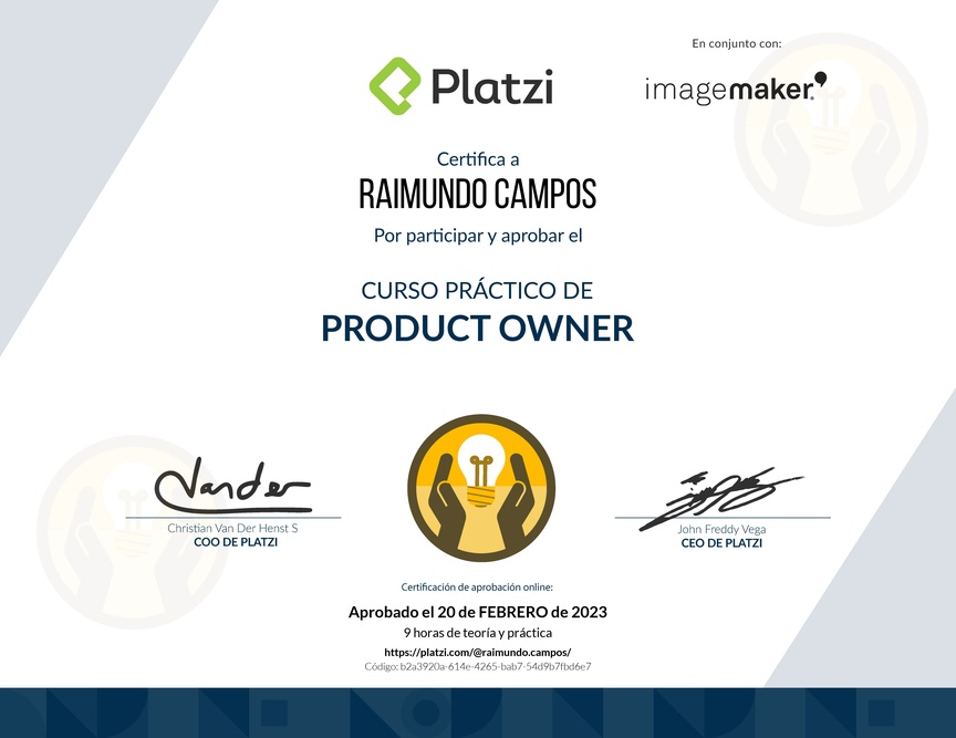 Diploma del Curso de Herramientas y Frameworks Intermedias para Product Owners