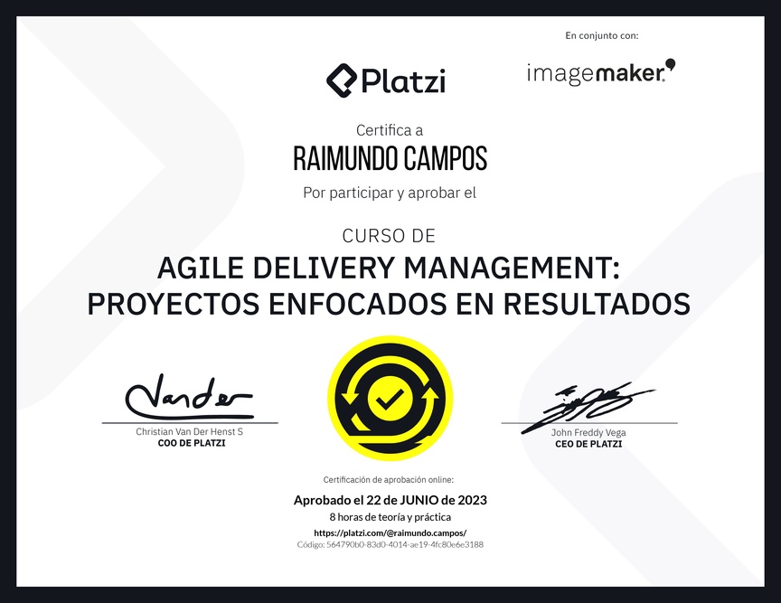 Diploma del Curso de Agile Delivery Management: Proyectos Enfocados en Resultados