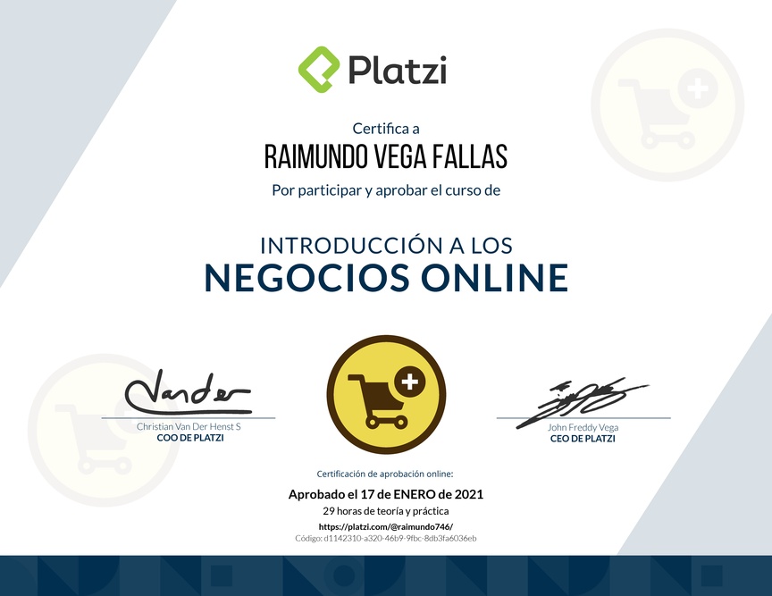 Diploma del Curso de Introducción a los Negocios Online en Ecommerce