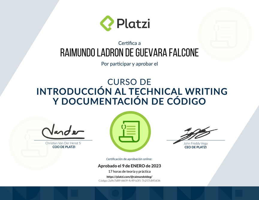 Diploma del Curso de Introducción al Technical Writing y Documentación de Código